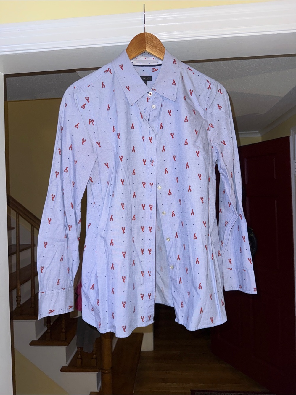 Talbots Light Blue Button-Down Shirt with Red Lobster Print